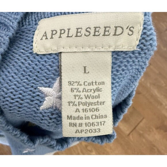 Appleseeds Christmas Sweater Womens Large Blue White Reindeer Embroidered Stars - Picture 7 of 7